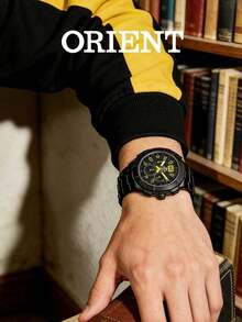 Orient Series All Black Luminous Yellow Hands Elite Series Analog Dial Large Date Chronograph Stainless Steel Band Sports Racing Tactical Social Men's Watch - Black - View 4