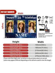 1pc Customizable Photo Name Age Blue Glitter Happy Birthday Backdrop, Blue Purple Glitter Starry Sky Personalized Birthday Background Decoration Design, Suitable For Cake Table Background Decoration Photography Banner Vinyl Material - Blue - View 6