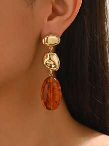 1 Pair Vintage Amber Oval Pendant Earrings, Multi-Layered Asymmetrical Dangle Design, Creative Long Drop Earrings, Suitable For Daily Wear, Holiday Gifts, Party And Banquet Jewelry - Yellow Gold - View 3
