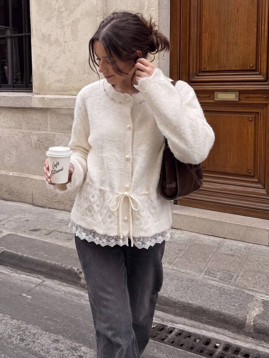 Cute Women's Pearl Decorated Knitted Cardigan, Tie Waist Ruffle Hem Sweater Top Suitable For Coffee Dates And New Year Outfits - White - View 1