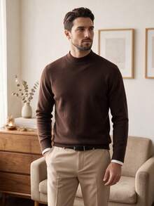 Men's Crew Neck Long Sleeve Solid Color Minimalist Casual Lightweight Knit Sweater For Fall & Winter - Coffee Brown - View 4