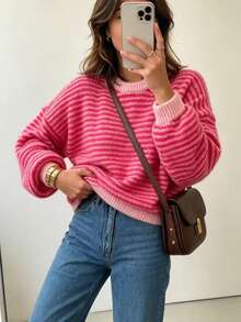 Women's Autumn/Winter Fashion New Minimalist Casual Versatile Home Daily Wear Round Neck Retro Striped Colorblock Loose Knit Sweater - Red - View 5