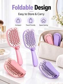 Foldable Self-Cleaning Hair Brush Set → Easy-Clean Detangling Styling Brush → Fine Mist Spray Bottle → Rounded Pins → Straight Wavy Curly Thick Hair - Portable Folding Comb - View 5
