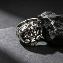 Dark Demon Horn Skull Men's Ring, Punk Motorcycle Wide Band Ring, Personalized Men's Accessory, Halloween Gift - Multicolor - View 3