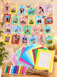 Photo Display Frame Set With Mini Clips And Jute Rope, Colorful DIY Photo Hanging Frame Set, Suitable For Christmas Tree Decoration, Family Memory Wall, Party Home Decor, Birthday Celebration, Scrapbook Photos, Creative Gift Craft Materials - Colorful Photo Frame - View 2