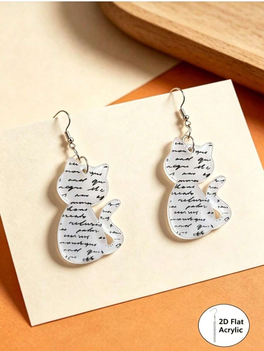 1Pair Vintage Script Print Cat 2D Flat Acrylic Dangle Earrings For Women Halloween Party Decor No Box. - Cat - View 1
