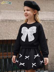 Vihyde Young Girls 2 Pieces Outfit, Cute Long Sleeve Crew Neck Sweatshirt With Big Bow Applique & Bow Decor Bubble Skirt Set - Black and White - View 5