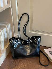 1 túi xách tote hình xô da giả bóng phong cách vintage, chi tiết khoen, dây đeo vai tháo rời, đeo đa kiểu, túi xách đi làm hàng ngày cho nữ - Nhiều màu - Xem 5