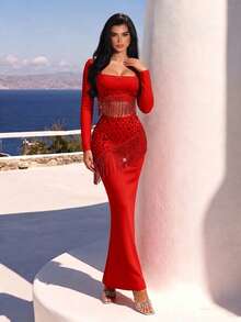 Women's Square Neck Long Sleeve Water Drop Pendant Bandage Dress Set - Red - View 2