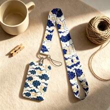1 Piece Chinese Blue Cloud Lanyard With ID Card Holder, Traditional Oriental Art Badge Holder For Work Student Office Gift - Multicolor - View 2