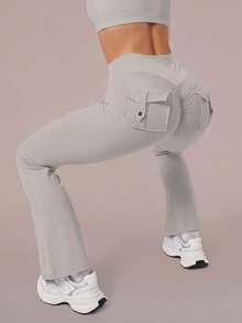 6pecil High Waist Flared Yoga Pants With Pockets, Ruched Butt Flared Pants, Tummy Control Anti-Wrinkle Design Sports Flared Pants, Autumn Outfit - Light Grey - View 7