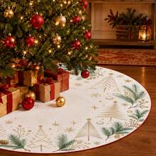 1 buah Alas Pohon Natal Motif Pohon Pinus Garis Tipis Emas, Dekorasi Liburan Warna Elegan, 5 Ukuran, Hadiah Liburan Unisex, Cocok Untuk Dekorasi Natal di Rumah dan Pesta - Garis-garis emas halus membingkai pohon pinus. - View 5