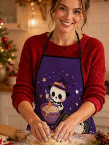 1pc Halloween Skeleton Witch Funny Pattern Apron, Cute Ghost Design Elements, Suitable For Party Baking And Kitchen Decoration, Create Festive Atmosphere Halloween Kitchen Supplies - Multicolor 3 - View 2