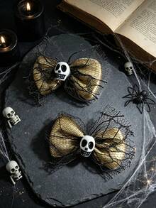 Women's Halloween Skull Bow Hair Clip, Red Soft Mesh Lace Bow Hair Accessory, Spooky Gothic Style Party Hair Decor, Multiple Colors Available - Skull Bow - View 9