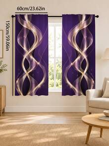 2pcs, Polyester Material, Deep Purple Dreamy Gold Curved Pattern Printed, Light Filtering Curtains, Suitable For Bedroom, Living Room, Office And Home Decor, Rod Pocket Design, Suitable For Rod Installation - Multicolor - View 13
