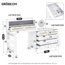 Dressing Table With Jewelry Box And Mirror, 10 Drawers, Tempered Glass Top And Rattan Decoration, Large Vanity With Ample Storage Space, 105 * 50 * 108 Cm, White, For Bedroom And Dressing Room - White - View 11