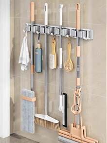 1pc 4-Clip 5-Hook Aluminum Wall-Mounted Bathroom Mop Holder, Broom Rack, Storage Rack, Drill-Free Mop Holder, Suitable For Bathroom And Balcony - Multicolor - View 6
