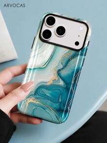 Ốp lưng điện thoại vân đá cẩm thạch xanh lam xanh lá với gân vàng 2 trong 1 vỏ cứng PC và lớp trong mềm TPU, ốp quà tặng, ốp đôi đồng bộ, tương thích với iPhone 11 12 13 14 15 16 16e 17 Pro ProMax Air - Bề mặt bóng, không nhiễm từ - Xem 7
