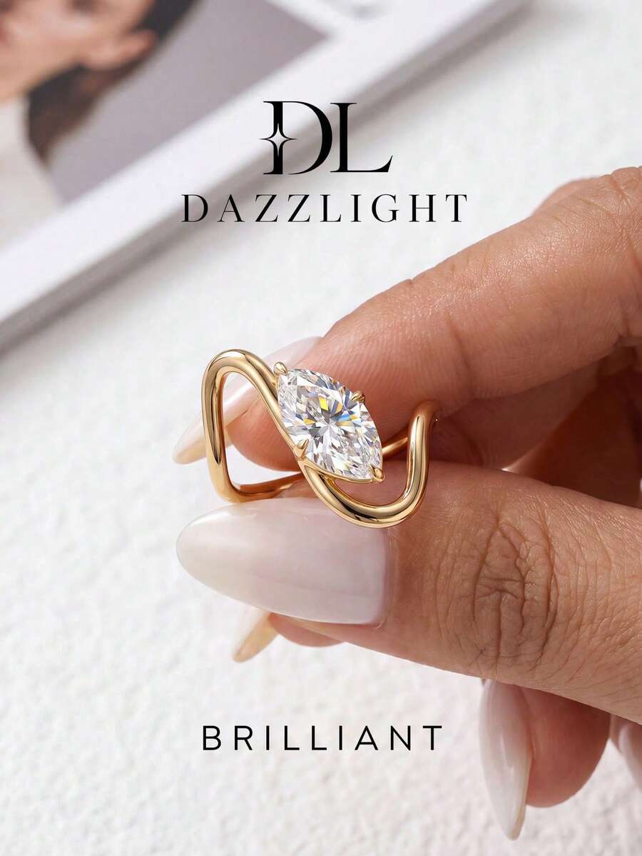 1pc Moissanite Ring Unique 1CT Organic Curved Marquise Shape Ring Suitable For Women's Daily Wear And Special Occasions