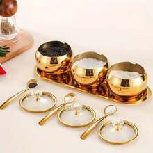 1 Set 2/3 Stainless Steel Seasoning Canister Set, Spice Containers With Lid And Spoon, Gold Tone Condiment Bottles With Serving Tray, Suitable For Pepper, Salt, Spices, Candy, Coffee Beans Kitchen Jar Combination - Multicolor - View 5