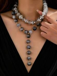 OABE 2pcs/Set Bohemian Style Grey Textured Ball Bead Necklace Including Y-Shaped Necklace And Choker Necklace, Suitable For Women's Daily Wear, Fashionable Autumn Outfit Accessory - Grey - View 2