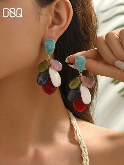 OOQ 1 Pair Vintage Minimalist Colorful Tassel Enamel Long Geometric Resin Earrings, Y2K Style Elegant Exaggerated Versatile Women's Earrings, Suitable For Daily Wear, Party, Gathering, Commute, Date