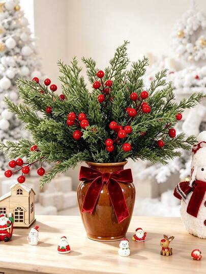 10pcs Artificial Red Berry And Holly Stems, Fake Flower Bouquet, Perfect For Home Decoration, Weddings, Christmas Wreaths, Bedroom Decor, Living Room Decor, Party Decoration, And Christmas Decor