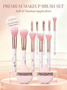 12pcs Professional Makeup Brush Set, Foundation Brush, Blush Brush, Eyeshadow Brush, Brow Brush, Contour Brush, Powder Brush, Highlighter Brush, With Triangle Powder Puff, Complete Daily Makeup Tool Set - White - View 2