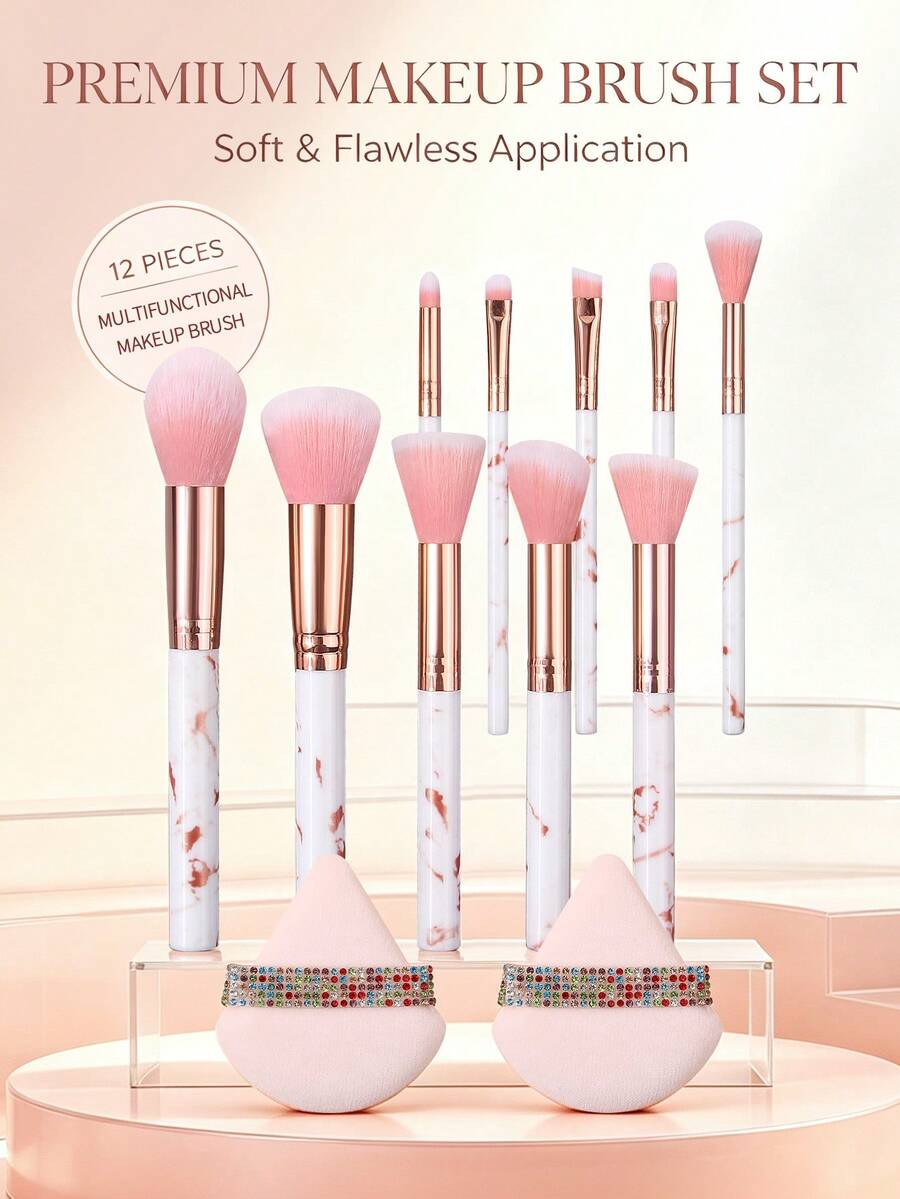 12pcs Professional Makeup Brush Set, Foundation Brush, Blush Brush, Eyeshadow Brush, Brow Brush, Contour Brush, Powder Brush, Highlighter Brush, With Triangle Powder Puff, Complete Daily Makeup Tool Set