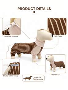 1pc Classic Striped Dachshund Pajamas, Adjustable Neck And Back Drawstring, Soft High Elasticity Warm Dachshund , Anti-Shedding Sleepwear, Suitable For Dackel Teckel Dogs And Wiener Dogs - Khaki - View 5