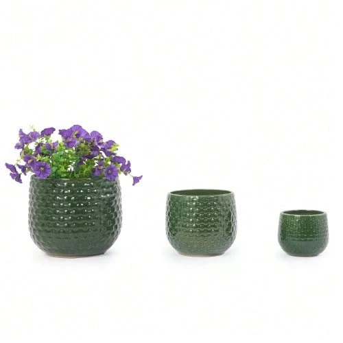 Handmade 3-Piece Ceramic Planter Set (Ø 23/17/12 Cm), Glossy Dark Green With Dotted Relief, Breathable, Frost-Resistant, With Drainage Holes For Garden & Balcony - B - View 1