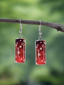 YUJUGLOW 1 Pair Christmas Red Background Falling Snowflake & Light Spot Pattern 316 Stainless Steel Water Drop Earrings, Suitable For Women's Daily Wear - Red - View 7