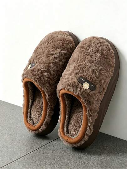 2026 New Smiling Face Men's Thick Sole Slippers, Casual Style Lamb Wool Warm Bedroom Slippers For Autumn/Winter