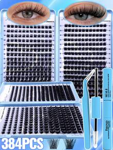 384 Pairs Eyelash Book, 12-18mm Mixed Density, New Cat Eye D Curl Lashes, DIY Natural Look Eyelash Set, Ultra Soft And Lightweight, Includes Eyelash Glue Set, Suitable For Daily, Date, Party, Professional Makeup Cluster False Eyelashes - Multicolor - View 2