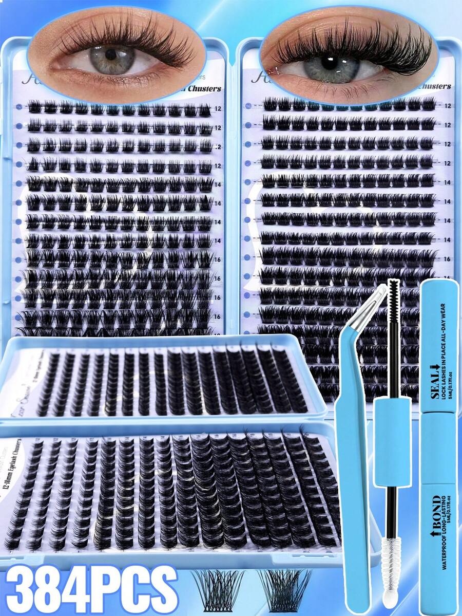 384 Pairs Eyelash Book, 12-18mm Mixed Density, New Cat Eye D Curl Lashes, DIY Natural Look Eyelash Set, Ultra Soft And Lightweight, Includes Eyelash Glue Set, Suitable For Daily, Date, Party, Professional Makeup Cluster False Eyelashes - Multicolor - View 1