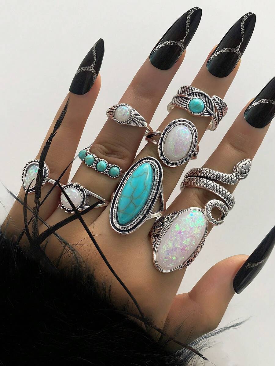 9pcs Women's European & American Carved Feather Turquoise Ring Set, Daily Wear - Antique Silver - View 1