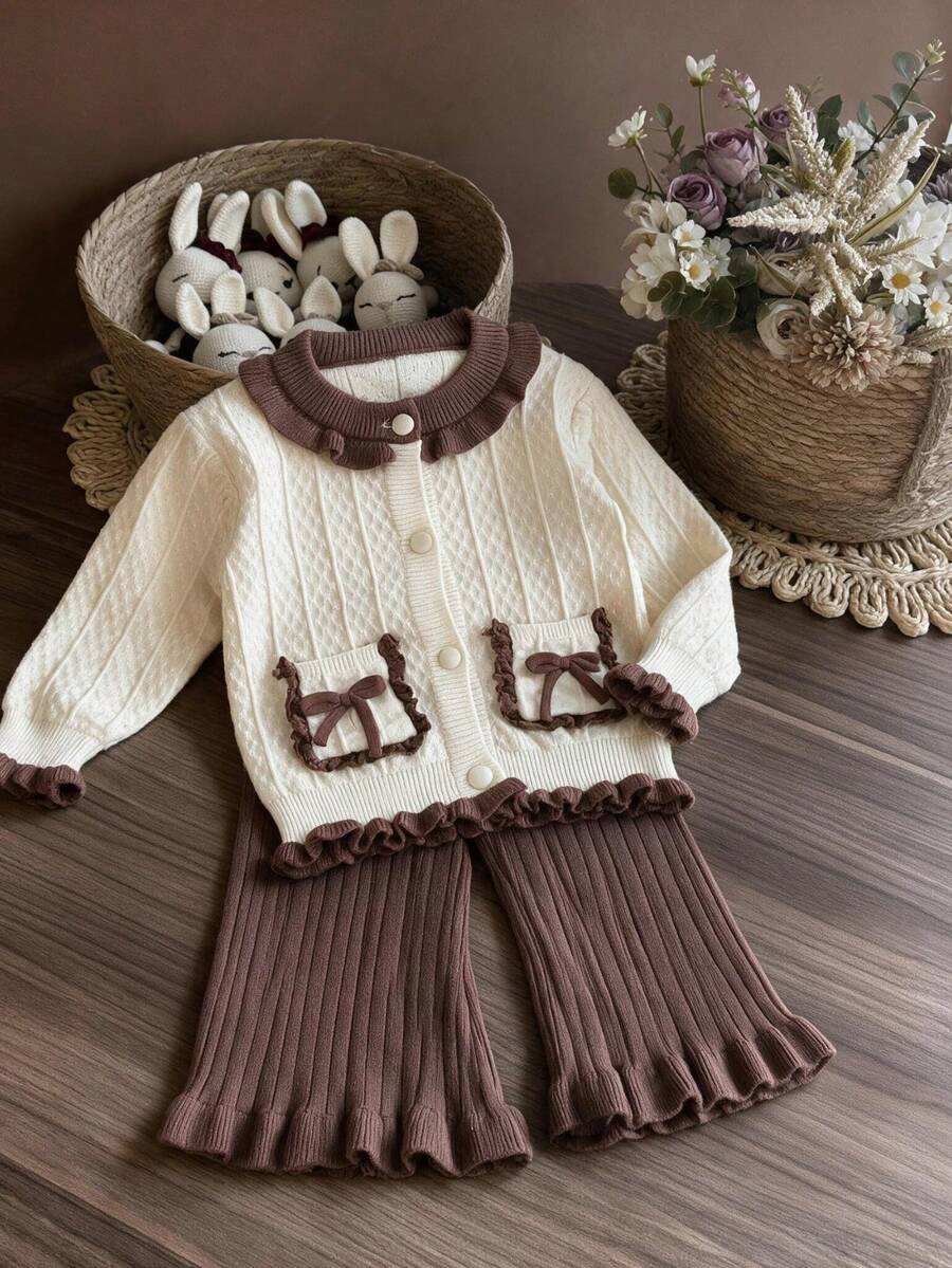 Baby Girl Gentle Style Knitted 2 Pieces Set, Cream White Cable Knit With Brown Contrast Ruffle Cuffs And Hem, Long Sleeve Outfit - Apricot - View 1