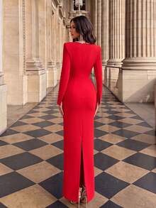 New Fashion Red Crystal Decor Long Sleeve Fitted Dress, Elegant Bandage Party Dress, Suitable For Birthday, Wedding, Graduation, Prom, Homecoming - Red - View 5