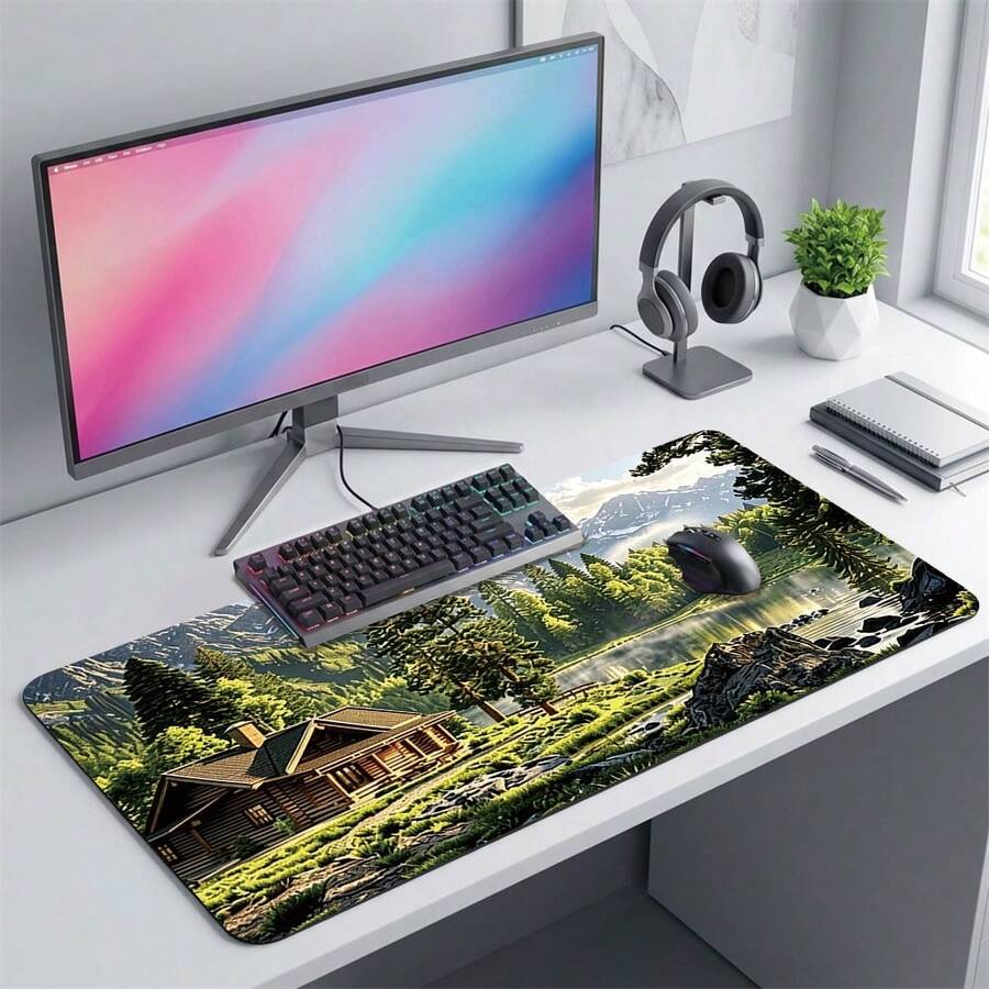 Landscape Nature Pattern Extra Long Gaming Mouse Pad And Desk Mat Set, Non-Slip Durable Rubber Base, Smooth Surface, Suitable For Computer Laptop Office Home, Abstract Art Decoration, Back To School Supplies - A - View 1