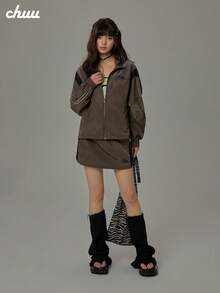 Chuu 1pc Rok Kasual Nilon dengan Tali Serut, Rok Streetwear untuk Kencan Sehari-hari di Musim Panas dan Gugur - Coffee Brown - View 5