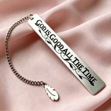 1PC Inspirational English Engraved Stainless Steel Bookmark "God Is Good All The Time" Feather Pendant Reading Marker - D - View 5