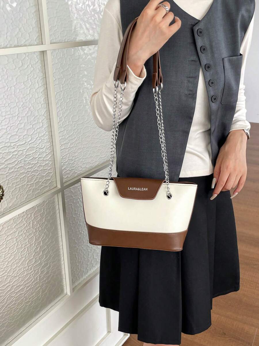 Women Color Block Chain Shoulder Bucket Bag, Letter Print Flap PU Handbag, Detachable Wide Strap, Elegant Daily Crossbody Tote Purse