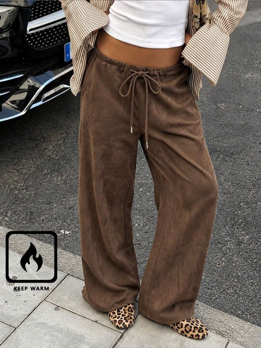 Women's Brown Polyester Drawstring Wide Leg Long Pants, Comfortable And Loose, Suitable For Daily Wear - Brown - View 1
