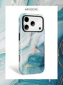 Ốp lưng điện thoại vân đá cẩm thạch xanh lam xanh lá với gân vàng 2 trong 1 vỏ cứng PC và lớp trong mềm TPU, ốp quà tặng, ốp đôi đồng bộ, tương thích với iPhone 11 12 13 14 15 16 16e 17 Pro ProMax Air - Bề mặt bóng, không nhiễm từ - Xem 2