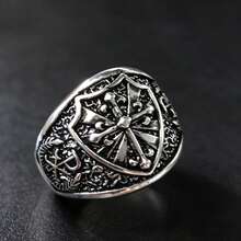 Gothic Vintage Medieval Shield Fleur-De-Lis Cross Pattern Men's Ring, Personalized Hip-Hop Cool Boy Accessory, Halloween Gift - Multicolor - View 1