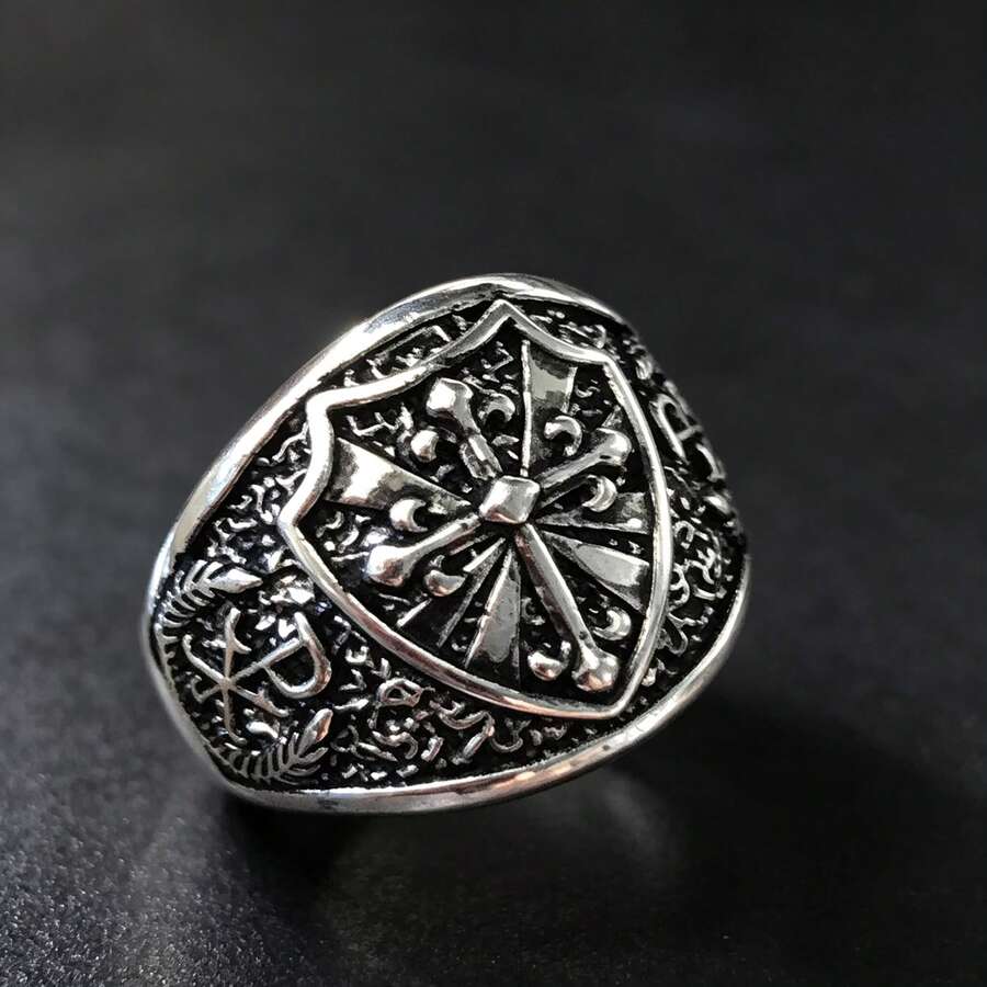 Gothic Vintage Medieval Shield Fleur-De-Lis Cross Pattern Men's Ring, Personalized Hip-Hop Cool Boy Accessory, Halloween Gift - Multicolor - View 1