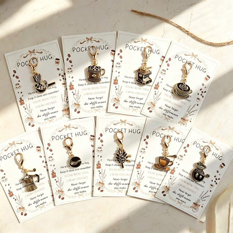 9pcs Creative Novel Alloy Coffee Series Theme Keychains, With Pocket Hug Coffee Greeting Cards, Perfect Gift For Coffee Lovers, Best Friends, Cute Bag Accessories, Suitable For Friends, Family, Colleagues, Party Gatherings - Multicolor - View 1