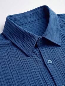 glestore Men's Retro-Style Old-Money Casual Solid-Colour Simple Textured Striped Long-Sleeved Shirt, Fashionable And Versatile. - Navy Blue - View 6
