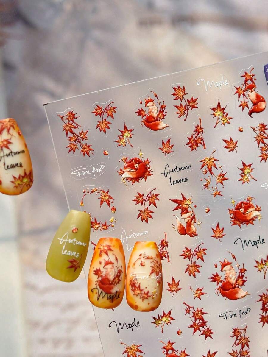 1Sheet Fall Season Maple Fox Nail Sticker Autumn Red Orange Maple Leaf Fire Fox Ornament Wreath Maple Autumn Leaves Script Self‑Stick Nail Decoration Warm Fall Aesthetic Nail Art Supplies For Daily And Party - Multicolor - View 1