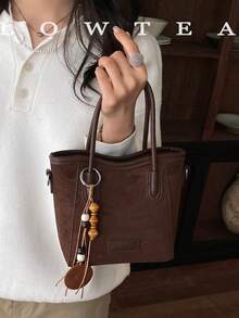low tea 1pc Suede Bucket Handbag With Adjustable Shoulder Strap, Suitable For Commuting, Shopping, Etc. (With Pendant) - Coffee - View 6